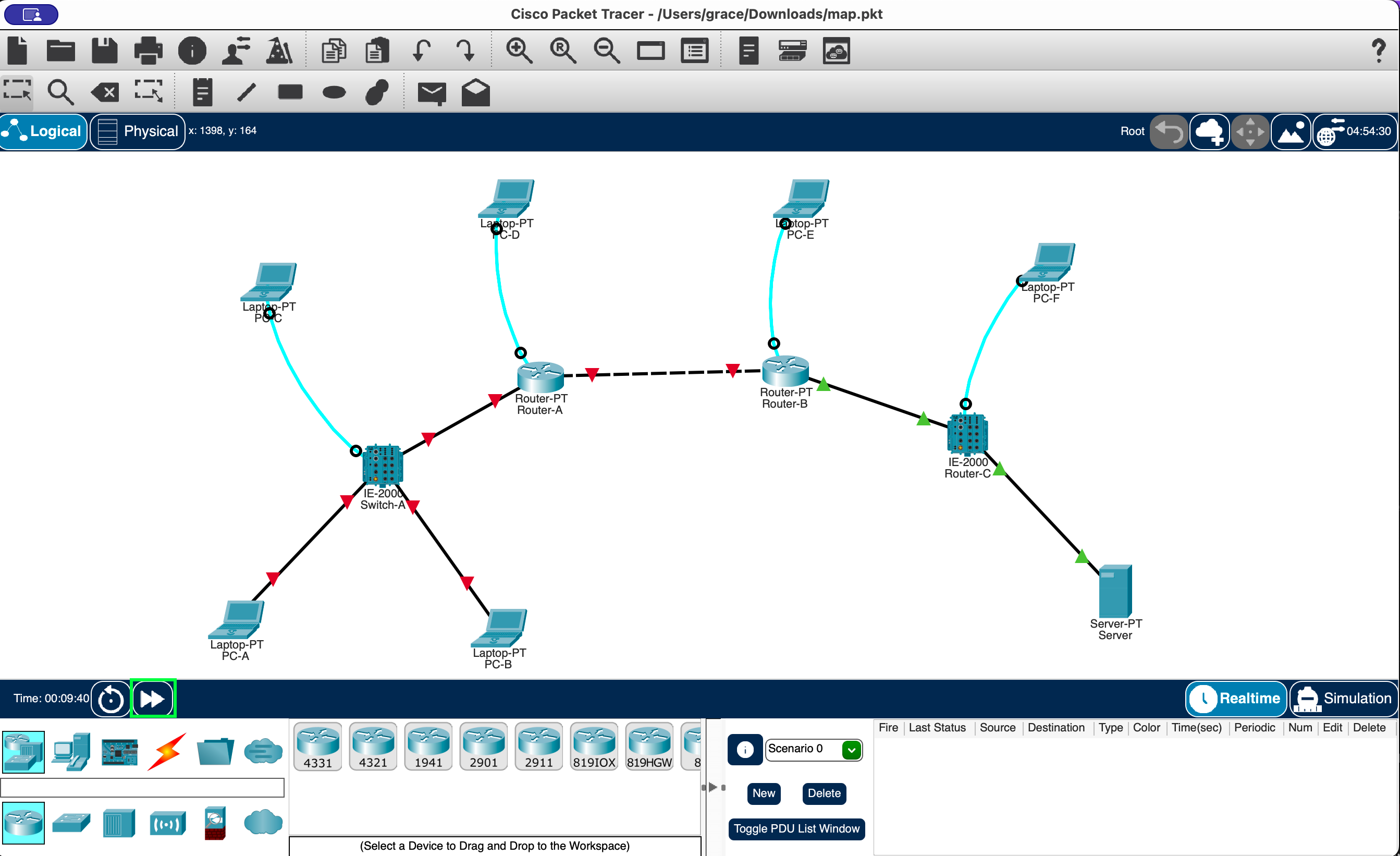 Packet Tracer showing the simulated network layout